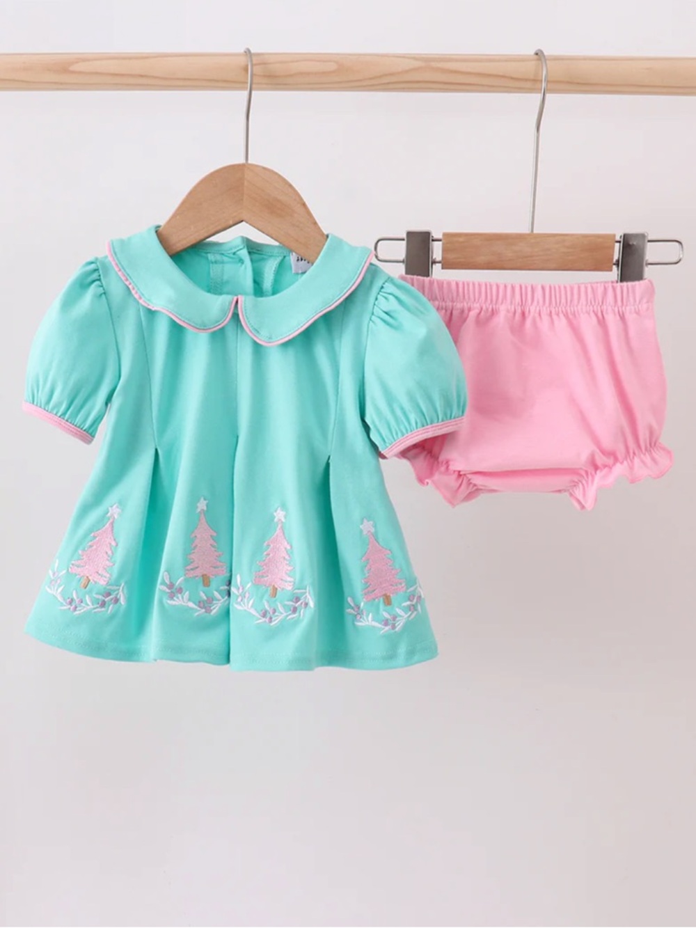 GREEN CHRISTMAS TREE EMBROIDERY BLOOMER SET Baby Girl Toddler 18 months & 3T